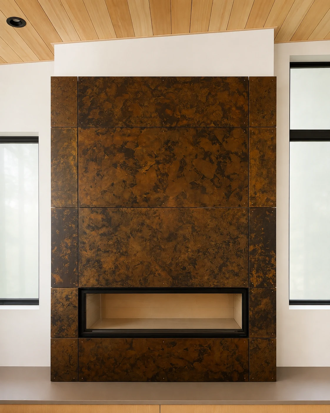 Layered patinated metal fireplace surround at the Belknap residence.
