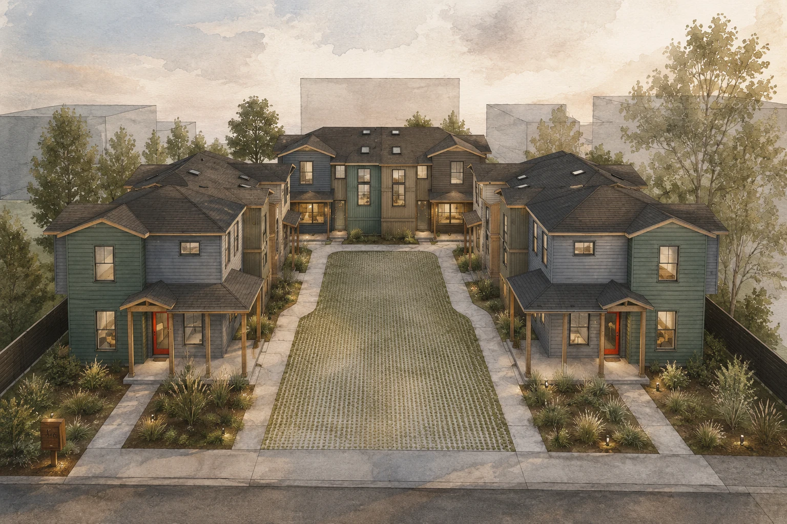 Architectural rendering of duplex homes arranged around a shared landscaped court.