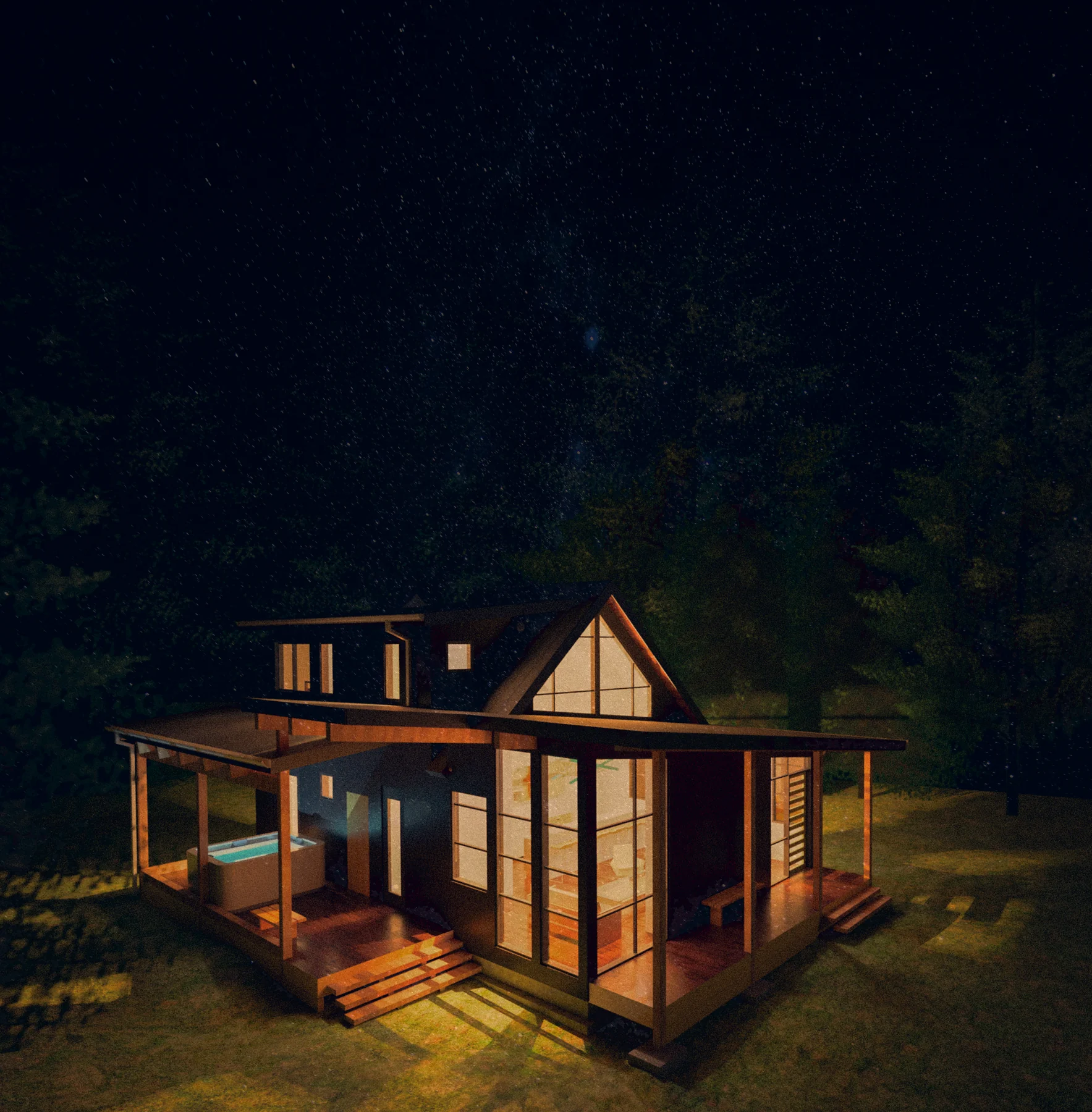 Night rendering of a home with an illuminated gable, glazed entry and covered outdoor space.